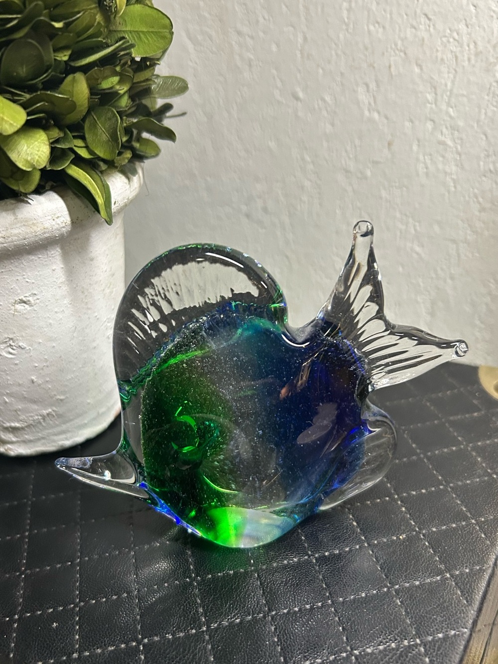 Vintage Hand Blown Art Glass Angelfish Figurine • Blue & Green Murano Style Pape